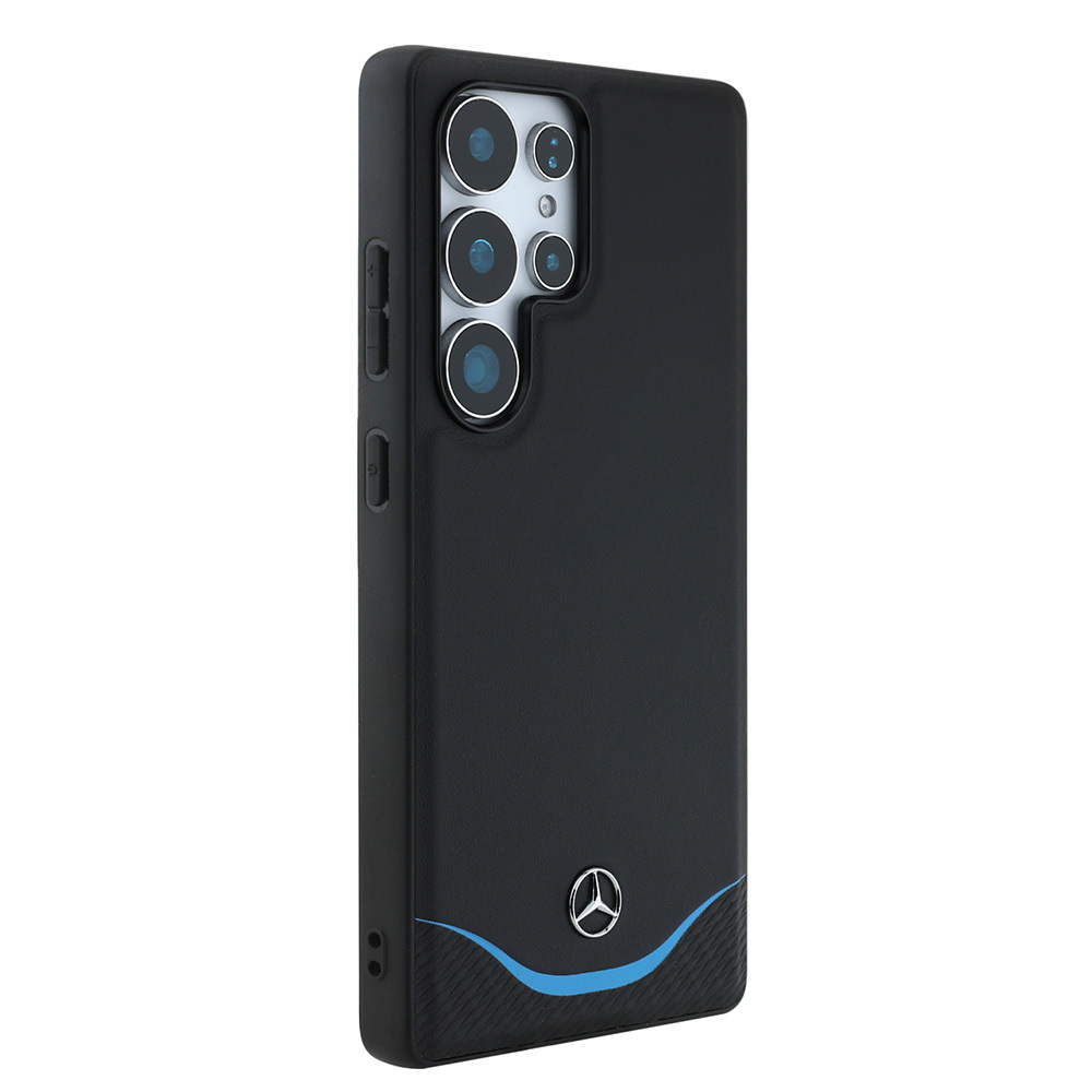 Galaxy S25 Ultra Kılıf Mercedes Benz Orjinal Lisanslı M-safe Şarj Özellikli 3D Metal Logolu Mavi Yatay Eğri Çizgili Deri Kapak - 4