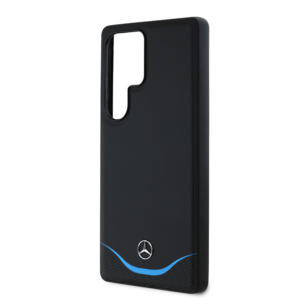 Galaxy S25 Ultra Kılıf Mercedes Benz Orjinal Lisanslı M-safe Şarj Özellikli 3D Metal Logolu Mavi Yatay Eğri Çizgili Deri Kapak - 5