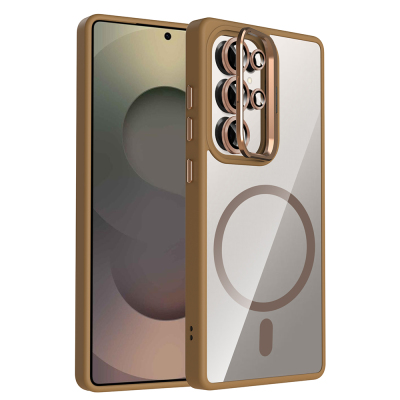 Galaxy S25 Ultra Kılıf Standlı ve Kamera Lens Hediyeli M-Safe Şarj Özellikli Zore Etro Kapak Desert Titanyum