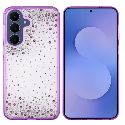 Galaxy S26 FE Case Airbag Design Drop Stone Embellished Transparent Zore Pera Silicone Cover Purple