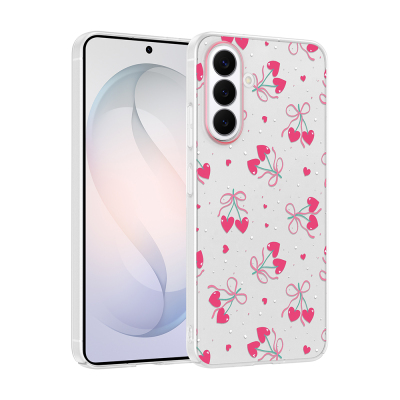 Galaxy S26 Kılıf Kamera Korumalı Desenli Zore Klip Kapak Kalpli Kiraz