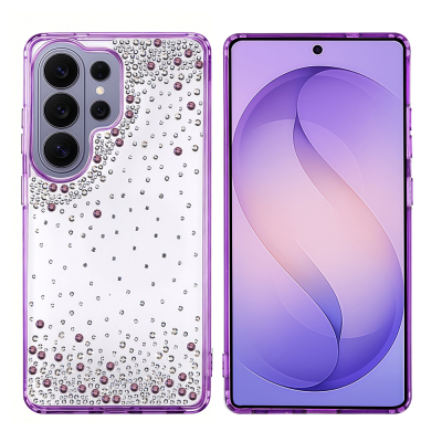 Galaxy S26 Ultra Case Airbag Design Drop Stone Embellished Transparent Zore Pera Silicone Cover Purple