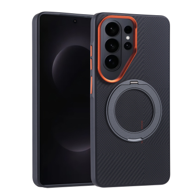 Galaxy S26 Ultra Case M-safe Charging Enabled Carbon Fiber Look Zore Troy Cover with Stand Orange