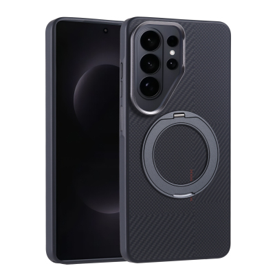 Galaxy S26 Ultra Case M-safe Charging Enabled Carbon Fiber Look Zore Troy Cover with Stand Black