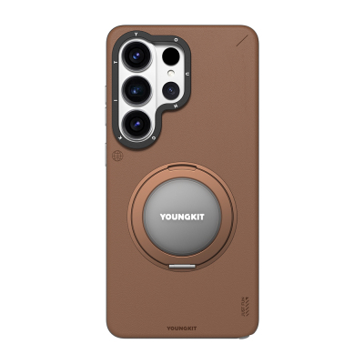 Galaxy S26 Ultra Case M-safe Charging Feature 360° Stand, Simple Matte Leather Design, Youngkit Tech Leather Series Cover Brown