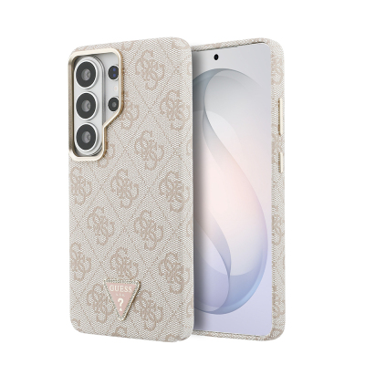 Galaxy S26 Ultra Kılıf Guess Orjinal Lisanslı M-safe Şarj Özellikli Gold Metal Kamera Çerçeveli Taşlı Üçgen Logo 4G Desenli Kapak Pembe