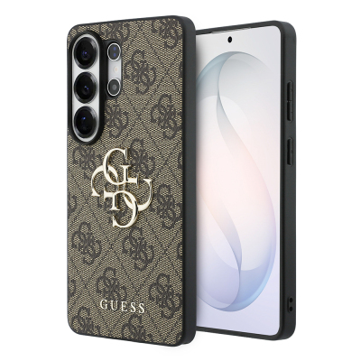 Galaxy S26 Ultra Kılıf Guess Orjinal Lisanslı PU Deri Büyük Metal Logo Dizaynlı Kapak Kahverengi