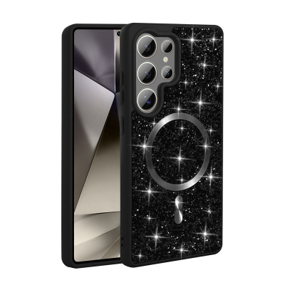 Galaxy S26 Ultra Kılıf Pırlanta Tasarımlı M-safe Şarj Özellikli Zore Mozaik Silikon Kapak Siyah