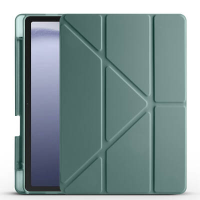 Galaxy Tab A9 Plus Case Pen Compartment Zore Tri Folding Stand Case Dark Green