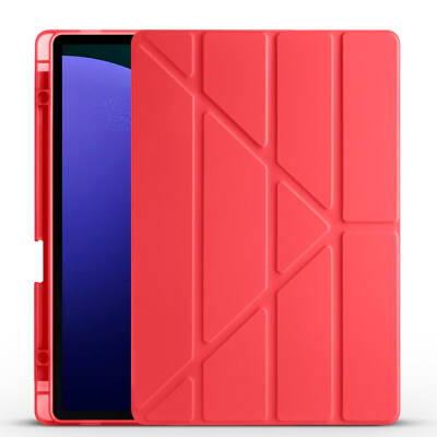 Galaxy Tab S10 Plus Case Zore Tri Folding Stand Case Pen Compartment Red