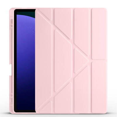 Galaxy Tab S10 Plus Case Zore Tri Folding Stand Case Pen Compartment Rose Gold