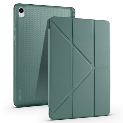 Galaxy Tab S11 Case Zore Tri Folding Stand Case with Pen Compartment Dark Green