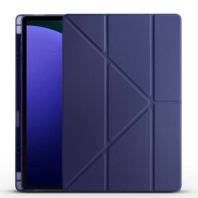Galaxy Tab S11 Ultra SM-X930 Case Zore Tri Folding Pen Compartment Stand Case Navy blue