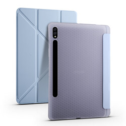 Galaxy Tab S7 Plus T970 Kılıf Zore Tri Folding Kalem Bölmeli Standlı Kılıf Mavi