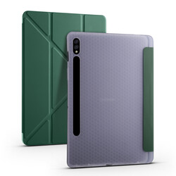 Galaxy Tab S7 Plus T970 Kılıf Zore Tri Folding Kalem Bölmeli Standlı Kılıf Koyu Yeşil