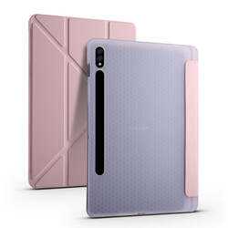 Galaxy Tab S7 Plus T970 Kılıf Zore Tri Folding Kalem Bölmeli Standlı Kılıf Rose Gold