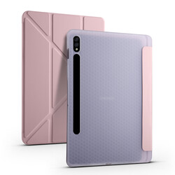 Galaxy Tab S7 Plus T970 Case Zore Tri Folding Smart With Pen Stand Case Rose Gold