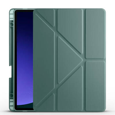 Galaxy Tab S9 FE Kılıf Zore Tri Folding Kalem Bölmeli Standlı Kılıf Koyu Yeşil