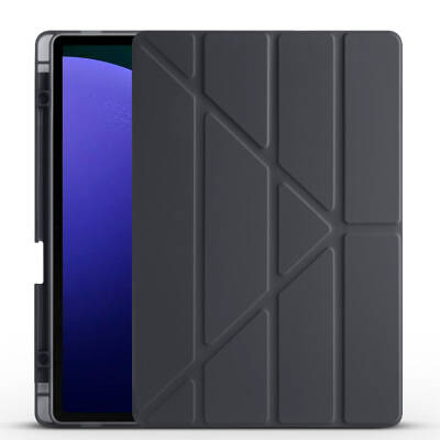 Galaxy Tab S9 FE Plus Case Zore Tri Folding Stand Case with Pen Compartment Black