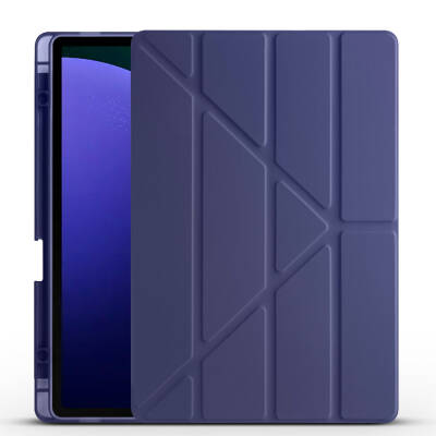 Galaxy Tab S9 FE Plus Case Zore Tri Folding Stand Case with Pen Compartment Navy blue