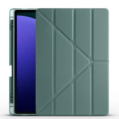 Galaxy Tab S9 FE Plus Case Zore Tri Folding Stand Case with Pen Compartment Dark Green