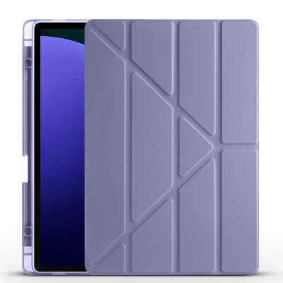 Galaxy Tab S9 FE Plus Case Zore Tri Folding Stand Case with Pen Compartment Purple