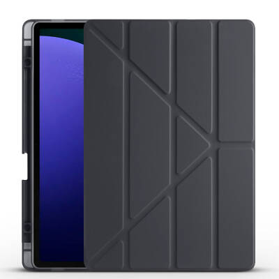 Galaxy Tab S9 FE Plus Kılıf Zore Tri Folding Kalem Bölmeli Standlı Kılıf Siyah