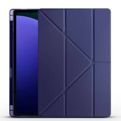 Galaxy Tab S9 Ultra Case Zore Tri Folding Stand Case with Pen Compartment Navy blue