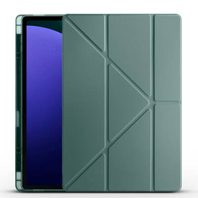 Galaxy Tab S9 Ultra Case Zore Tri Folding Stand Case with Pen Compartment Dark Green