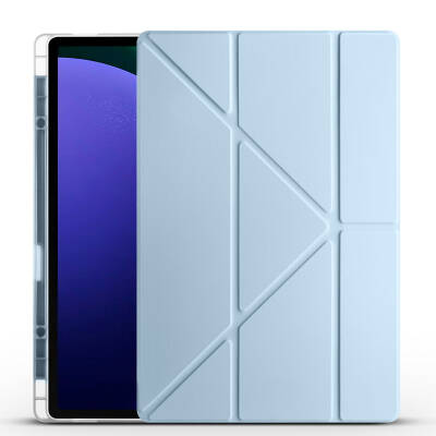 Galaxy Tab S9 Ultra Kılıf Zore Tri Folding Kalem Bölmeli Standlı Kılıf Mavi