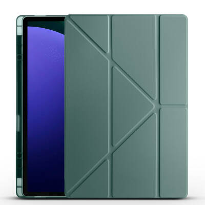 Galaxy Tab S9 Ultra Kılıf Zore Tri Folding Kalem Bölmeli Standlı Kılıf Koyu Yeşil