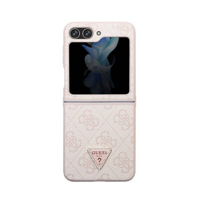 Galaxy Z Flip 5 Case Guess Original Licensed PU Leather Stoned Triangle Logo 4G Patterned Strass Cover Pink