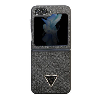 Galaxy Z Flip 5 Case Guess Original Licensed PU Leather Stoned Triangle Logo 4G Patterned Strass Cover Black