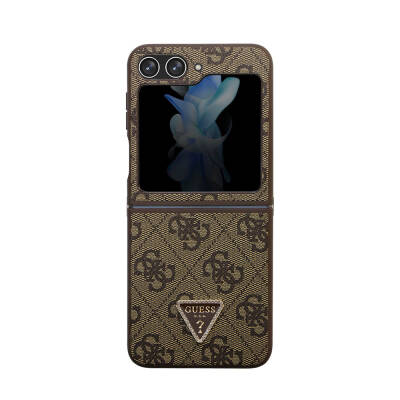 Galaxy Z Flip 5 Case Guess Original Licensed PU Leather Stoned Triangle Logo 4G Patterned Strass Cover Brown