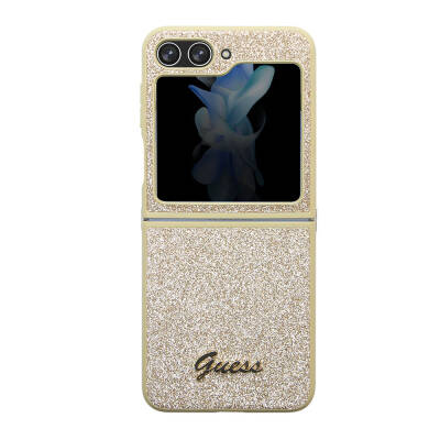 Galaxy Z Flip 5 Case Guess Original Licensed Text Logo Glitter Script Cover Gold