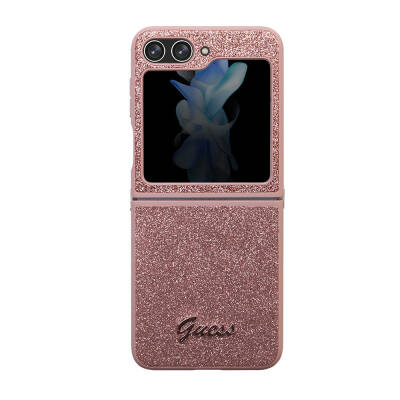 Galaxy Z Flip 5 Case Guess Original Licensed Text Logo Glitter Script Cover Pink