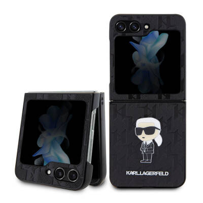 Galaxy Z Flip 5 Case Karl Lagerfeld Original Licensed KL Patterned Karl Iconic Saffiano Cover Black