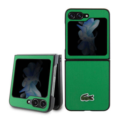 Galaxy Z Flip 5 Case Lacoste Original Licensed PU Pique Pattern Back Surface Iconic Crocodile Woven Logo Cover Green