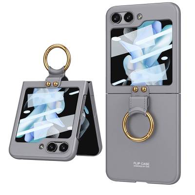 Galaxy Z Flip 5 Case Zore Kıpta Flip Hard Cover with Ring Grey