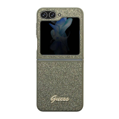 Galaxy Z Flip 5 Kılıf Guess Orjinal Lisanslı Yazı Logolu Glitter Flakes Kapak Haki