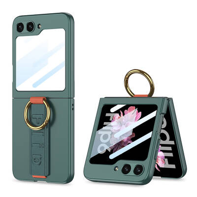 Galaxy Z Flip 6 Case Camera Protected Ring Carbon Designed Zore Flip Ring Kıpta Cover Gri-Yeşil