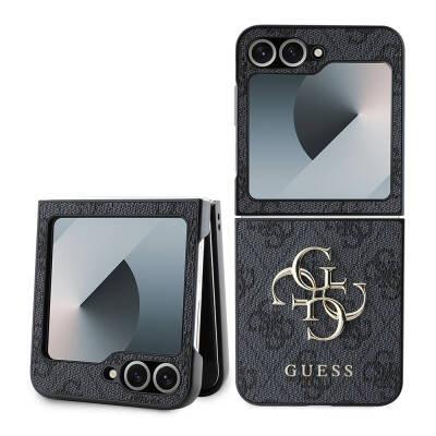 Galaxy Z Flip 6 Case Guess Original Licensed Leather Metal Logo Cover Black