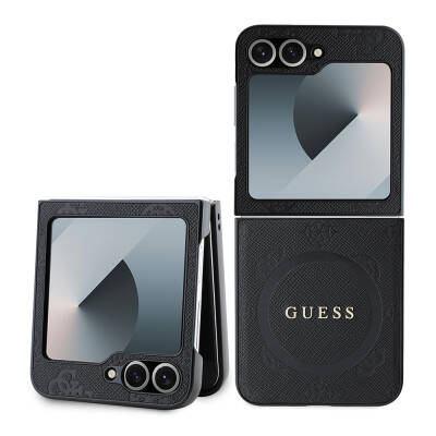 Galaxy Z Flip 6 Case Guess Original Licensed Saffiano Metal Logo Cover Black