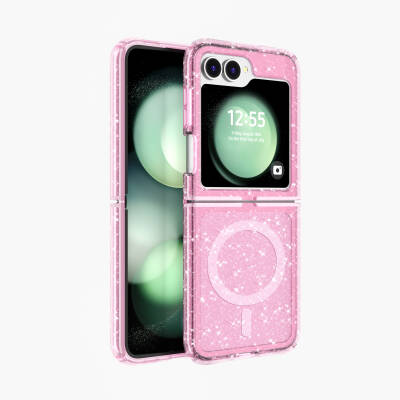 Galaxy Z Flip 6 Case Magsafe Charging Feature Shining Glitter Transparent Colored Zore Allstar Cover Pink