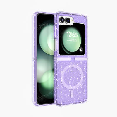 Galaxy Z Flip 6 Case Magsafe Charging Feature Shining Glitter Transparent Colored Zore Allstar Cover Purple