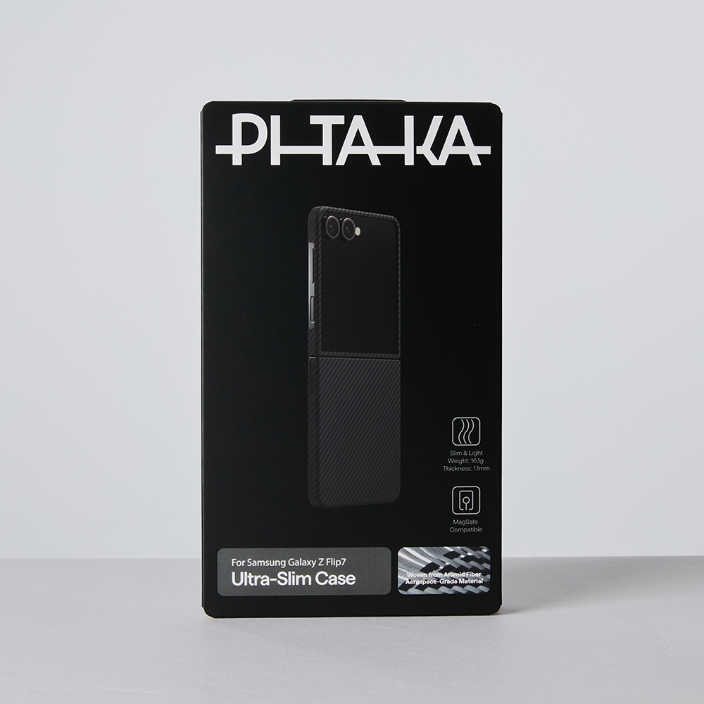 Galaxy Z Flip 7 Kılıf M-safe Şarj Özellikli 600D Aramid Fiber Pitaka Ultra-Slim Classic Serisi Black-Grey Twill Kapak - 12