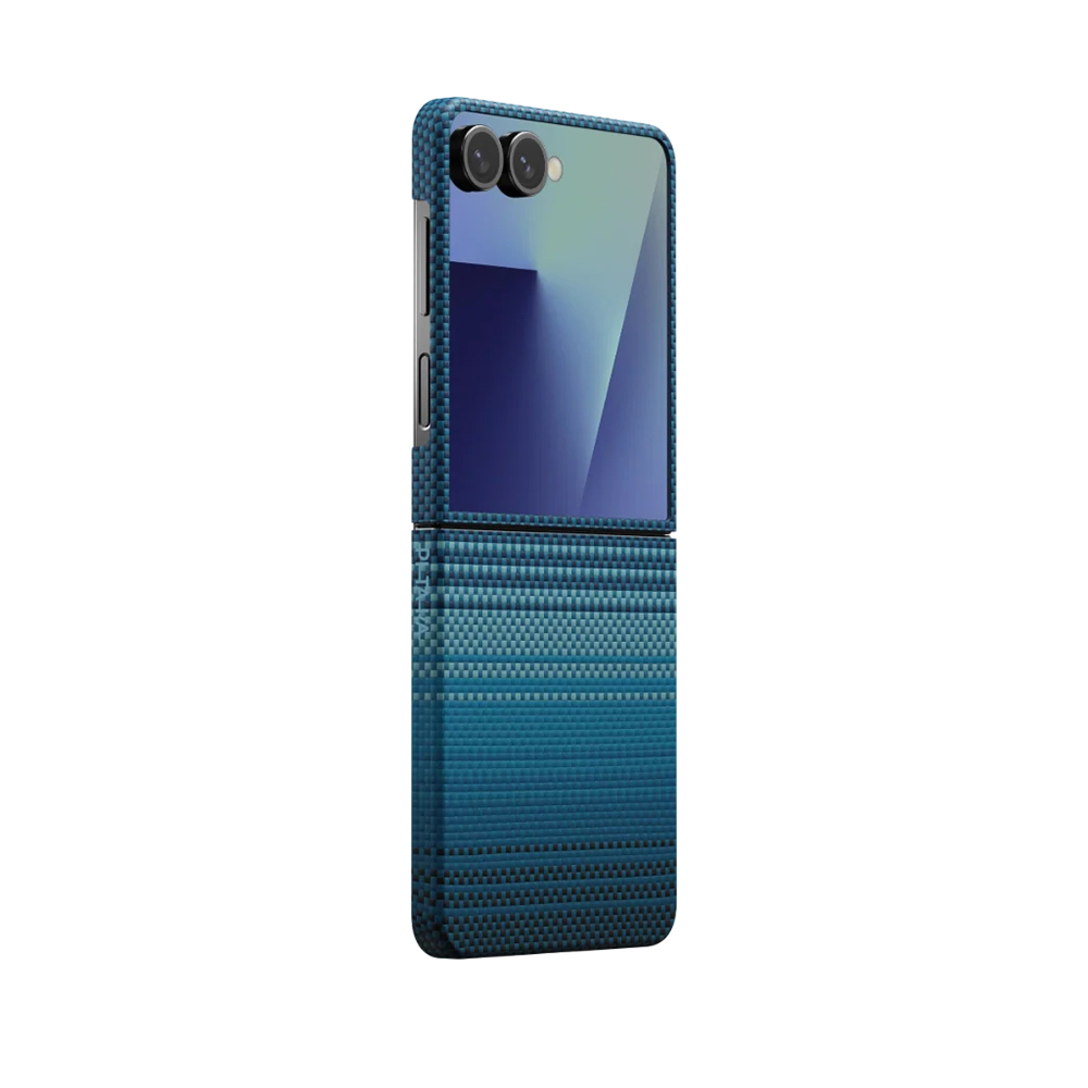 Galaxy Z Flip 7 Kılıf M-safe Şarj Özellikli Aramid Fiber Pitaka Tactile Woven Sunset-Moonrise Serisi Kapak - 1