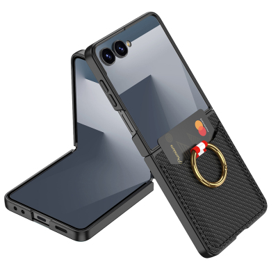 Galaxy Z Flip 7 Zore Kıpta Yüzüklü Kartlıklı Kapak Siyah Karbon