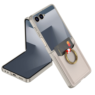 Galaxy Z Flip 7 Zore Kıpta Yüzüklü Kartlıklı Kapak Titanyum