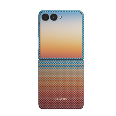 Galaxy Z Flip 8 Kılıf M-safe Şarj Özellikli Aramid Karbon Fiber Pitaka Sunset 2.0 California Dream Serisi Kapak Mavi-Kahverengi